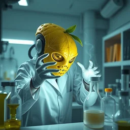 aggressive lemon alien scientist, in a lab doing alien experiments on a lemon, fantasy, science fiction, highly detailed, white lab, modern alien lab mist