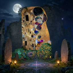ancient overgrown! ruins lit by moonlight!, twilight, medieval gates, runestones, beautiful lanters, mysetrious etherial mesmerizing runic!! cat eyes, magical elven geometry, concept art by gustav klimt!, deviantart contest winner, environmental art, high detail, intricate masterpiece
