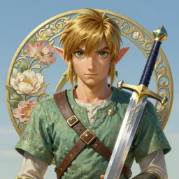 portrait of a link and the master sword, floral! intricate, elegant, highly detailed, ray tracing, digital painting, artstation, concept art, clear sky, extremely detailed, fantasy, smooth, sharp focus, illustration, art by artgerm and greg rutkowski and alphonse mucha, 8 k