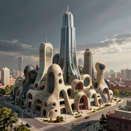 biomorphic brutalist city, hyperrealistic illustration masterpiece, lee madgwick jason limon, dramatic lighting, long shot, wide angle, uhd 8 k, sharp focus