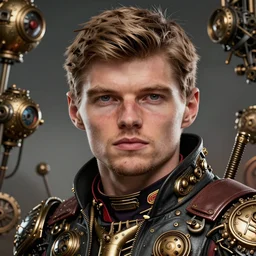 portrait of max verstappen, face to camera, steampunk art, fantasy style, super high detail, super high quality, talented artist, trending on artstation, machinarium
