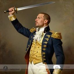 official side portrait of rapper pitbull, raising sword, in royal suit, 2 0 2 1, a character portrait by cassius marcellus coolidge, reddit contest winner, american romanticism, oil on canvas, detailed painting, creative commons attribution