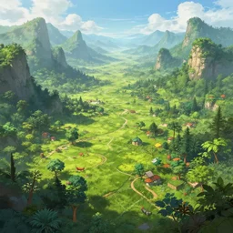 A highly detailed 4K fantasy matte painting of a large, beautiful, idyllic and fruitful land, with mountains in it, vibrant green. Craig Mullins, ArtStation, CGSociety, Unreal Engine