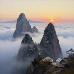 pointy mountains with a village above the clouds, wooden platforms, tents, colors, misty clouds, sun at dawn, brutalism, painting by caspar david friedrich