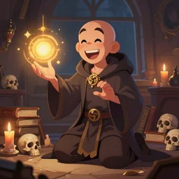 fantasy closeup character illustration of a happy bald mage performing magic and kneeling in a wizard room with books skulls candles all around him, a black window behind him, trending on artstation, digital art ( by brad rigney ) ( by greg rutkowski ) ( by artur treffner )