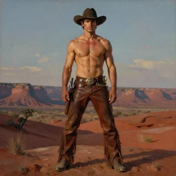 an dramatic homoerotic painting of a handsome shirtless bandoliered gunslinger wearing fringed leather pants | red desert mesa background at twilight | by bill ward, by tom of finland, by albert bierstadt, by louis comfort tiffany | trending on artstation