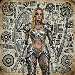 12 inch model of Margot Robbie by Simon Bisley, looking shredded from working out, wearing witchblade armor, in the style of HR Giger, insane detail, in the style of Da Vinci, old weathered paper, 8k,