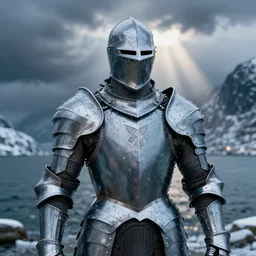 full armor knight made of water, water armor, norway fjord, extreme close up portrait, hudson river school, max rive, water armor, studio lighting, stormy seas, beautiful, bokeh, snowy, storm clouds, god rays, extreme close up portrait, d & d, fantasy, elegant, low key color palette, concept art, roger deakins and greg rutkowski and alphonse mucha