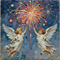 oil paint impasto relief, fireworks and angels, multi layered thick globular brush marks, some splattered paint, in the style of ivan shishkin and frank auerbach and bocklin