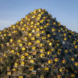 a mountain full of many little yellow houses, digital art, trending on artstation, HDR, by Albert Bierstadt