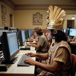 Ancient Aztecs using computer at a lan house, Ancient, award winning photo by Slim Aarons ,