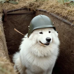 a samoyed dog wearing a ww1 soldier helmet in a ww1 trench, grainy photo