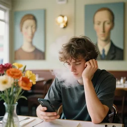 person with mobile phone chill in restaurant, color and shape focus, natural light, bloom, puff, by simon stalenhag and rene magritte and anton fadeev