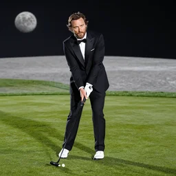 a photo of matthew mcconaughey in a tuxedo, playing golf on the moon.
