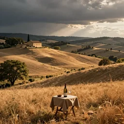 warm country landscape in the style of chavannes, with a small table with a bottle of wine and glass in foreground