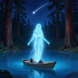 a bright blue lake, above the lake is a glowing spirit, the spirit is illuminating a small boat in which there is a crying man, it's night time, the lake is surrounded by giant sequoias, in the sky is a comet, spiritual, magical, supernatural, digital art