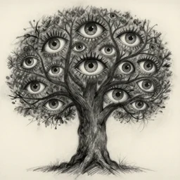 a Charcoal sketch of a tree of eyes