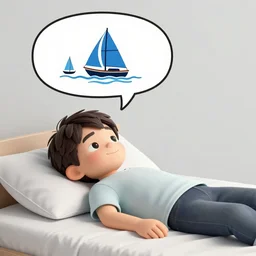 Boy is lying on the bed, dreaming about sailing in speech balloon, featured on artstation, high-quality, concept art