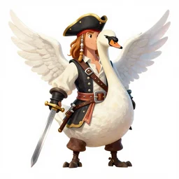 anthropomorphic swan swashbuckling pirate with wings and a sword, Renowned character illustration by greg rutkowski, thomas kindkade, alphonse mucha, loish, norman rockwell. Trending on furaffinity.