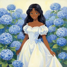 black - skinned princess of the hydrangea mountains, wearing a lovely dress. this gouache painting by the award - winning mangaka has an interesting color scheme, plenty of details and impeccable lighting.