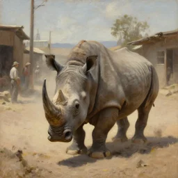 oil painting of old rugged rhino in dusty wild west street, art by anders zorn, wonderful masterpiece by greg rutkowski, beautiful cinematic light, american romanticism by greg manchess, jessica rossier