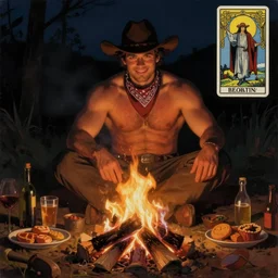 a dark ethereal painting of a handsome thicc shirtless man wearing a cowboy hat and a bandana around his neck sitting behind a campfire at night. in front of the campfire is an assortment of food and beverages. the man is smirking mischievously. tarot card, art deco, art nouveau. trending on artstation.