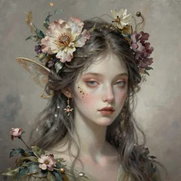 a beautiful floral fae, enigmatic beauty, esoteric, muted colors, head in focus, fae aesthetics, intricate details, elegant, highly detailed, hyperrealistic painting, fantasy concept art, painterly, sharp focus, art by hans jokem bakker