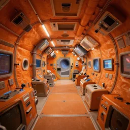 Orange amp space station interior, kim jung gi style, Greg Rutkowski, Zabrocki, Karlkka, Jayison Devadas, trending on Artstation, 8K, ultra wide angle, zenith view, pincushion lens effect