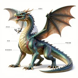 medical illustration of a dragon's anatomy, with labels. high quality, highly detailed, professional medical illustration.