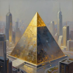 Trending on artstation, beautiful pyramid with golden tip surrounded by modern high-tech city, detailed matte painting, oil on canvas