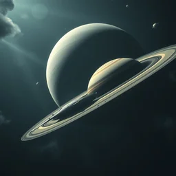 a massive spaceship flying next to saturn, cgi, dramatic