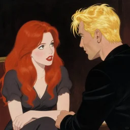 a woman with red hair talking to a man with blonde hair, art by david aja and artgerm