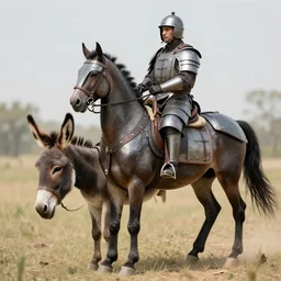 highly detailed photo of a armored horse riding a donkey