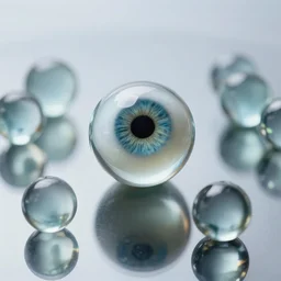 one glass eyeball on a table of glass marbles, reflective, glossy