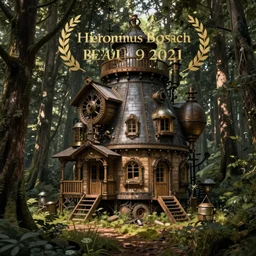 a steampunk cabin in the forest hyperdetailed digital illustration by hieronymus bosch