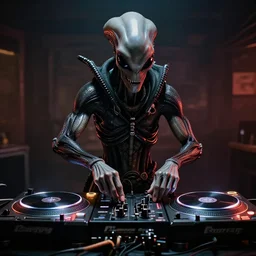 predator movie alien DJing with DJ turntables, photoreal