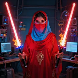 character art by ruan jia, young hyderabadi muslim woman wearing red and cyan blue niqab cateye glasses holding two red and blue lightsabers, on fire, fire powers, room filled with wiring electronics, monitors and computer cables, at a rock concert