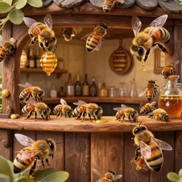 a crowded rustic honey themed bar ran by bees and filled with bee patrons sitting at tables drinking nectar from mugs, from a fantasy point and click 2 d graphic adventure game, art inspired by thomas kinkade, king's quest, sierra entertainment games