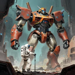 a lone astronaut speaks with a giant mecha oracle in a brutalist fortress on proxima nova, detailed illustration, hd, 4k, digital art, overdetailed art, concept art, by greg rutkowski, by Moebius, complementing colors, Trending on artstation, deviantart