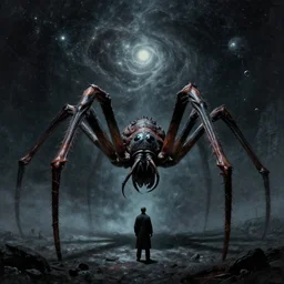 huge spider-like creature by Zdzisław Beksiński, caretaker, cosmic horror, darkwave, concept by Alastair Reynolds