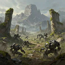the concept illustration of wasteland, ruins after the battle, desolate world, moss creeping up the ruins, huge mountains in the distance, the broken remains of mechs, greg rutkowski, james gurney, johannes voss, john harris, alena aenami artworks in 4 k