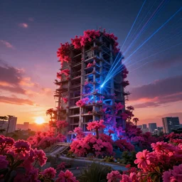 unfinished building by ron walotsky, flowers cgsociety sunset dramatic lighting at night sunlight nightvision uv light laser at dusk nightsky tokyo retrowave cosmic san andreas rainforest infrared atlantis, archdaily, wallpaper, highly detailed, trending on artstation.