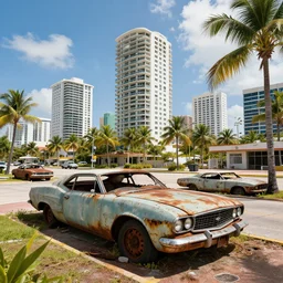 fallout 5, photo of dilapidated miami, tropical coastal city, desolate, dilapidated, few rusted retro futuristic vintage parked vehicles, sunny weather, few clouds, volumetric lighting, photorealistic, daytime, spring, sharp focus, ultra detailed, 4 1 0 0 k, technicolour 1