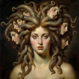 Oil painting of medusa gorgo with many faces in her hairs, dramatic lighting, in the style of Ivan Kramskoi, masterpiece, 4k