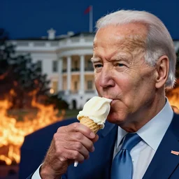 cinematic artwork close up of joe biden eating an ice cream with the whitehouse on fire behind him beautiful artwork by rutowski, realistic, 4 k, masterpiece