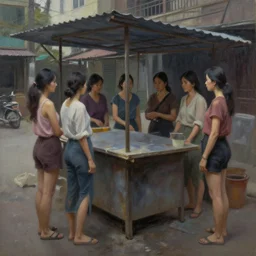 dark oil realistic painting several beutiful women are standing around an empty street stall in a asian suburb