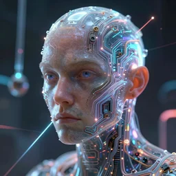 an intricate, detailed face boy, translucent greebles, skin made of electronic circuits with laserbeams transporting energy,  ferrofluids  in background, unreal engine, trending on artstation, bladerunner 2049