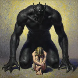 The art installation shows a the large, black-clad figure of the king looming over a small, defenseless figure huddled at his feet. The king's face is hidden in shadow, but his menacing stance and the large, sharp claws on his hands make it clear that he is a dangerous and powerful creature. pointillism by Emma Geary, by Yves Tanguay subtle, fine