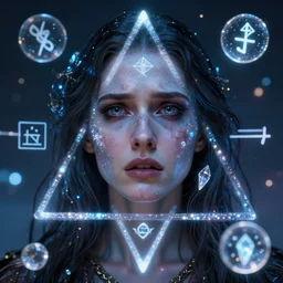fearful woman astral projecting, as above so below, highly detailed face, airbrush, magick, technology, sigils, royo, led lights, glowing orbs, crystal shimmers,