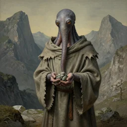 A detailed gray-eyed tentacleheaded human stands among the mountains with a pebble in hands. Wearing a ripped mantle, robe. Extremely high details, realistic, fantasy art, solo, masterpiece, art by Zdzisław Beksiński, Arthur Rackham, Dariusz Zawadzki